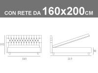 Misure del letto Noctis matrimoniale modello Dizzy capitonnè con rete a doghe e contenitore da 160x200cm