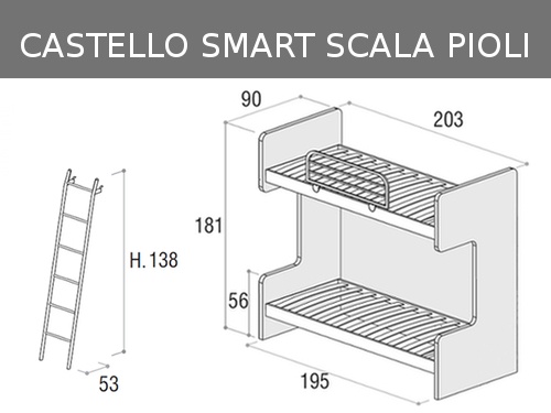 Misure del letto a castello fisso con reti a doghe e scaletta a pioli Doimo Cityline modello Smart