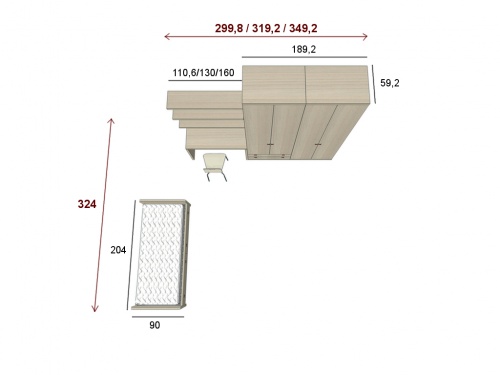 Misure della cameretta singola completa di armadio letto e scrivania KOP 01 