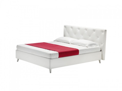 Letto matrimoniale con testata capitonnè, rete a doghe e box contenitore Noctis Guru in ecopelle Mover opticwhite con piedino obliquo alluminio