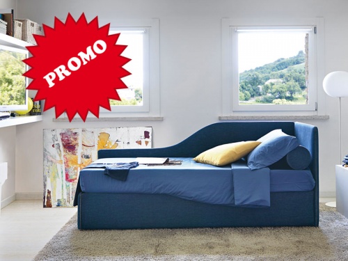 Letto Space a divanetto con angolo sagomato disponibile con box contenitore o con rete estraibile