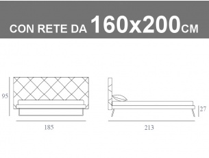 Misure del letto matrimoniale con slitte e testata capitonnè Noctis Guru con rete a doghe da 160x200cm