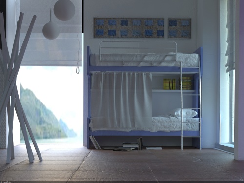 Letto castello Smart con reti a doghe, mensola per letto inferiore tendina e scaletta