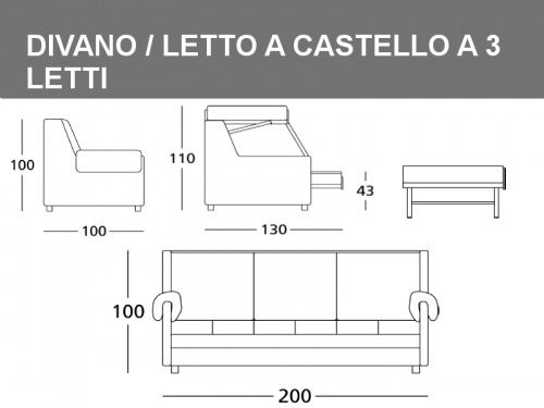 misure del Divano letto Mr. Hide a 3 letti