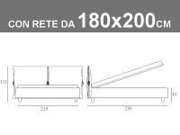 Misure del letto King Size Noctis Eden con rete a doghe da 180x200cm, box contenitore e 2 morbidi cuscini