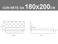 Misure del letto matrimoniale King Size con slitte e testata capitonnè Noctis Guru con rete a doghe da 180x200cm