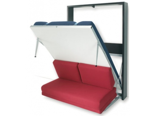 Letto a scomparsa verticale SmartBeds Houdini con rete a doghe con movimento assistito da pistoni a gas, e divano