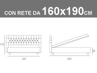 Misure del letto matrimoniale Noctis Dizzy capitonnè con contenitore e rete da 160x190cm