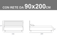 Misure del letto singolo Noctis Smart con box contenitore, testata bicolore e rete a doghe da 90x200cm