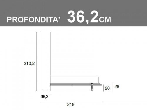 Misure del letto matrimoniale a ribalta verticale Vertigo p.36,2cm