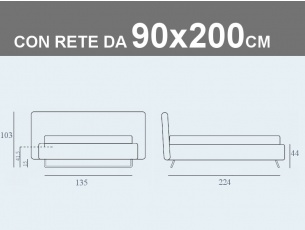 Misure del letto singolo imbottito con piede a slitta e contenitore con rete a doghe da 90x200cm Doxy