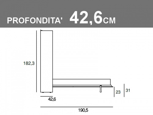 Misure del letto matrimoniale a scomparsa orizzontale Gemini profondità 42.6cm