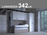 Ponte lineare Kop lunghezza totale 342,2cm, con libreria terminale profonda 26,4cm, ponte da 221,2cm e una colonna l.94,6cm profonda 94,6cm