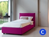 Morbido letto singolo imbottito Noctis London, elegante e semplice disponibile sia in tessuto che in ecopelle, compreso di rete a doghe e box contenitore